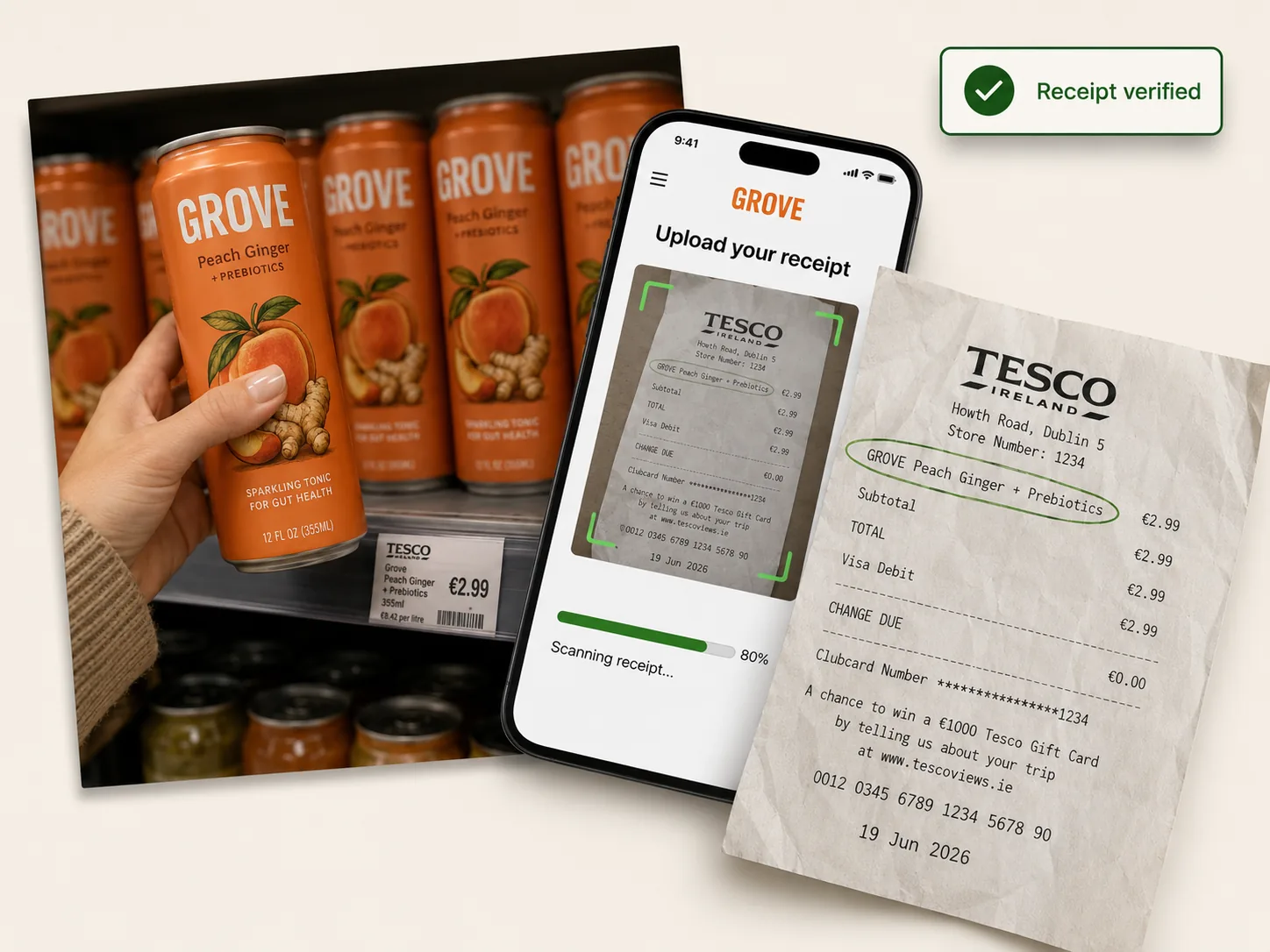 A shopper holding a GROVE can beside a phone uploading a Tesco receipt, with a receipt verified confirmation.