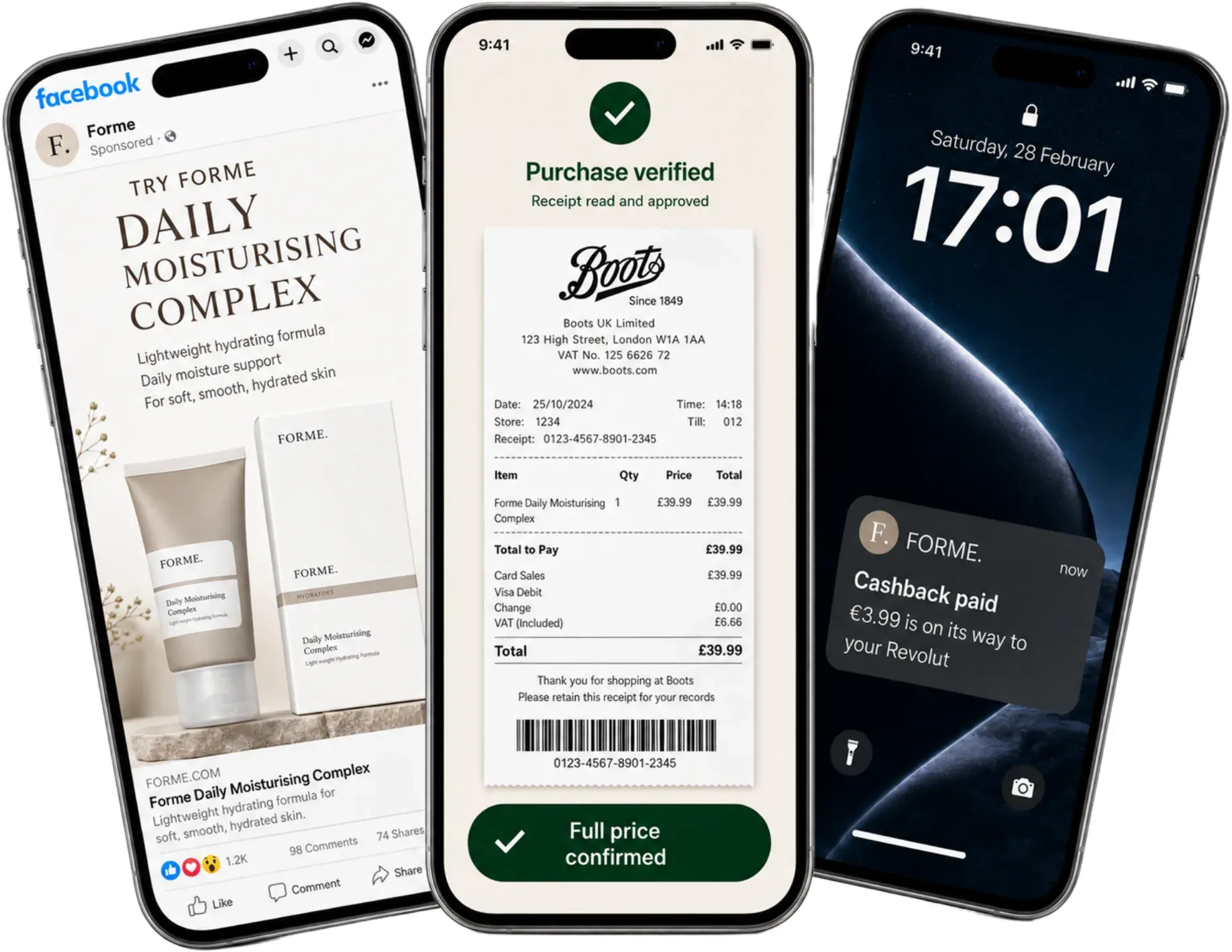 Beauty product cashback offer on phone: shopper buys at full price in store, uploads receipt, receives cashback reward.