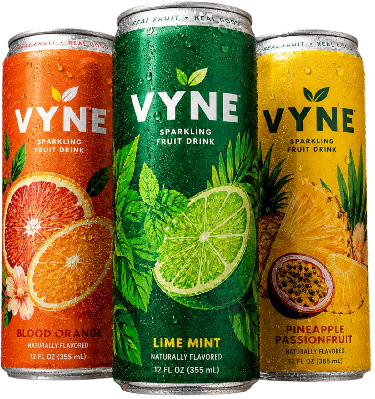 VYNE sparkling fruit drink cans in blood orange, lime mint and pineapple passionfruit
