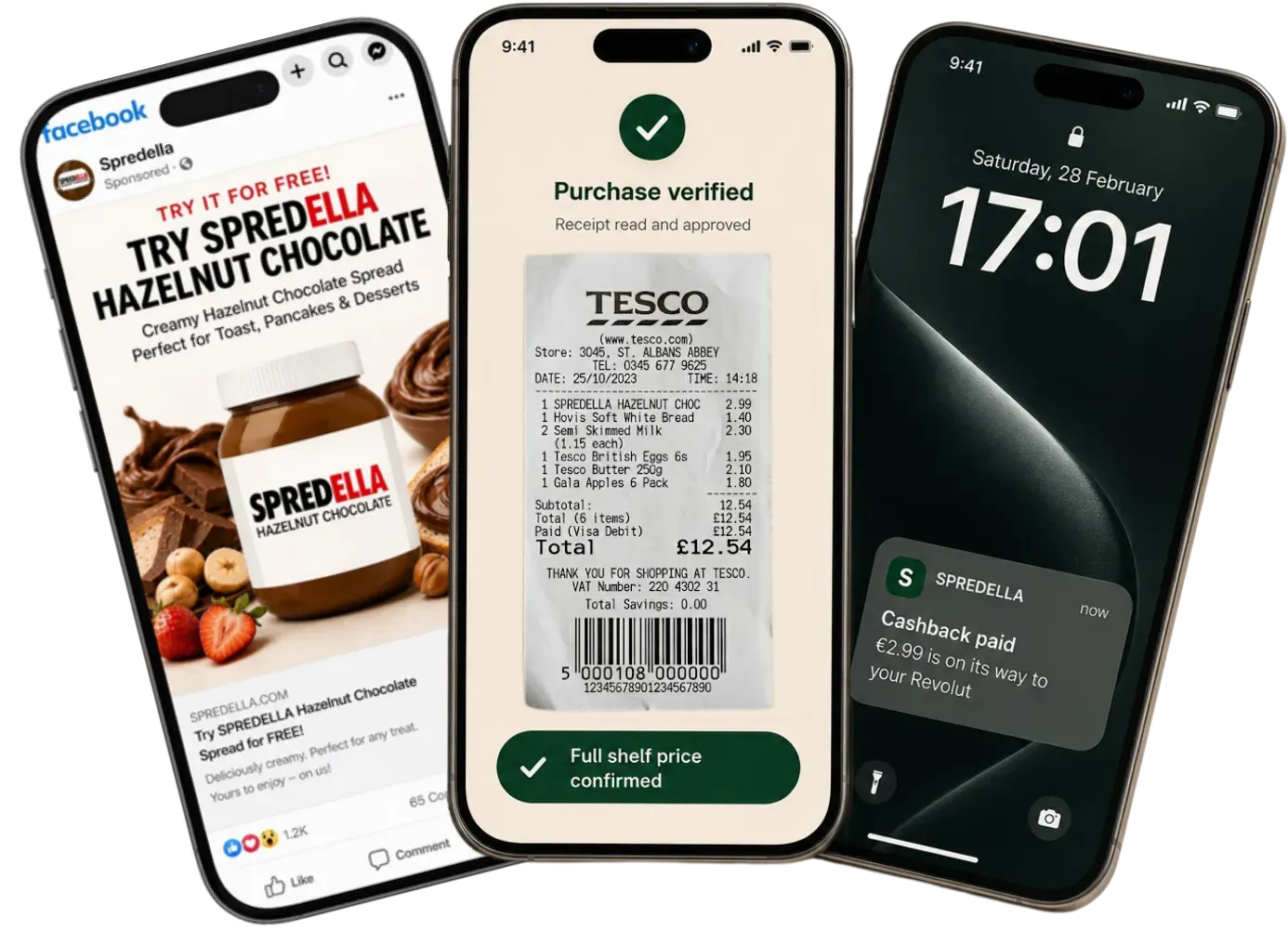Three phones fanned out: a SPREDELLA Facebook offer, a verified Tesco receipt, and a cashback-paid lock screen.