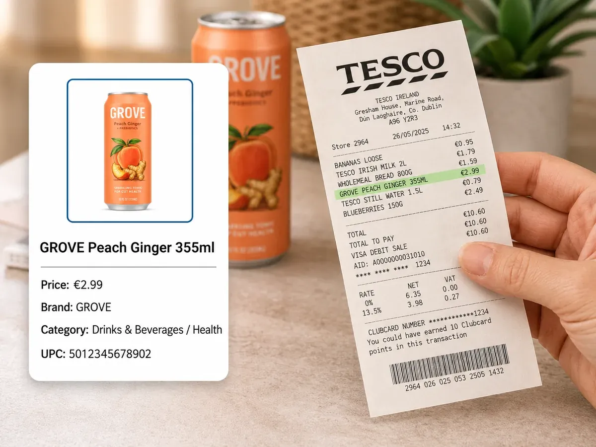 A Tesco receipt with the GROVE Peach Ginger line item highlighted and matched to the product.