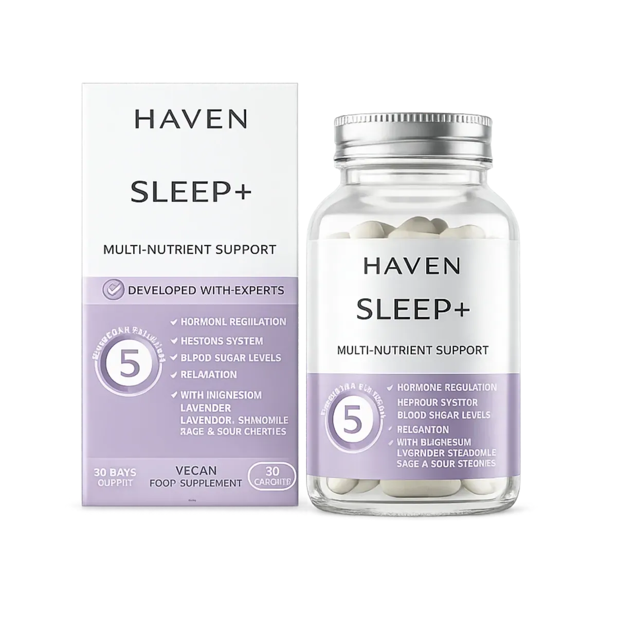 HAVEN Sleep+ multi-nutrient supplement bottle and carton