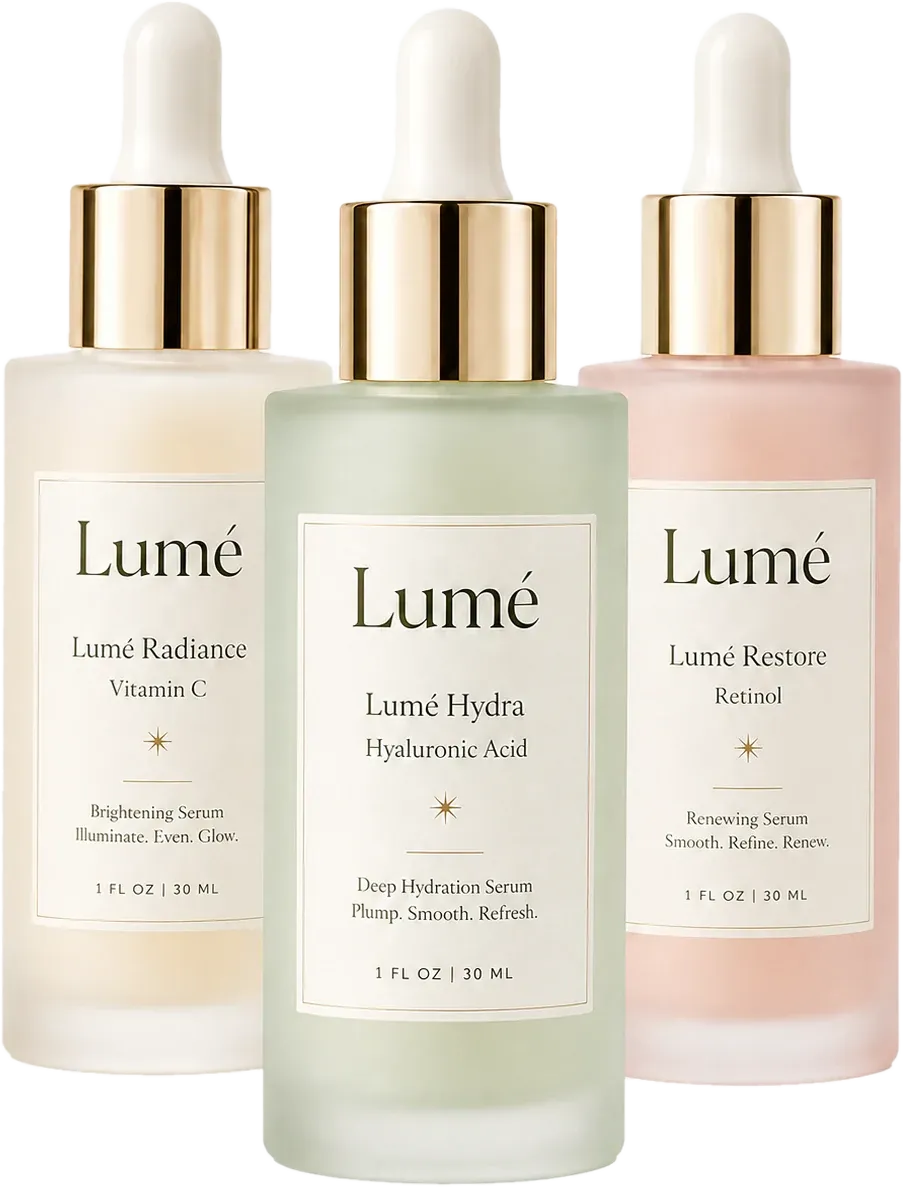 The Lume serum range: Radiance Vitamin C, Hydra Hyaluronic Acid and Restore Retinol.