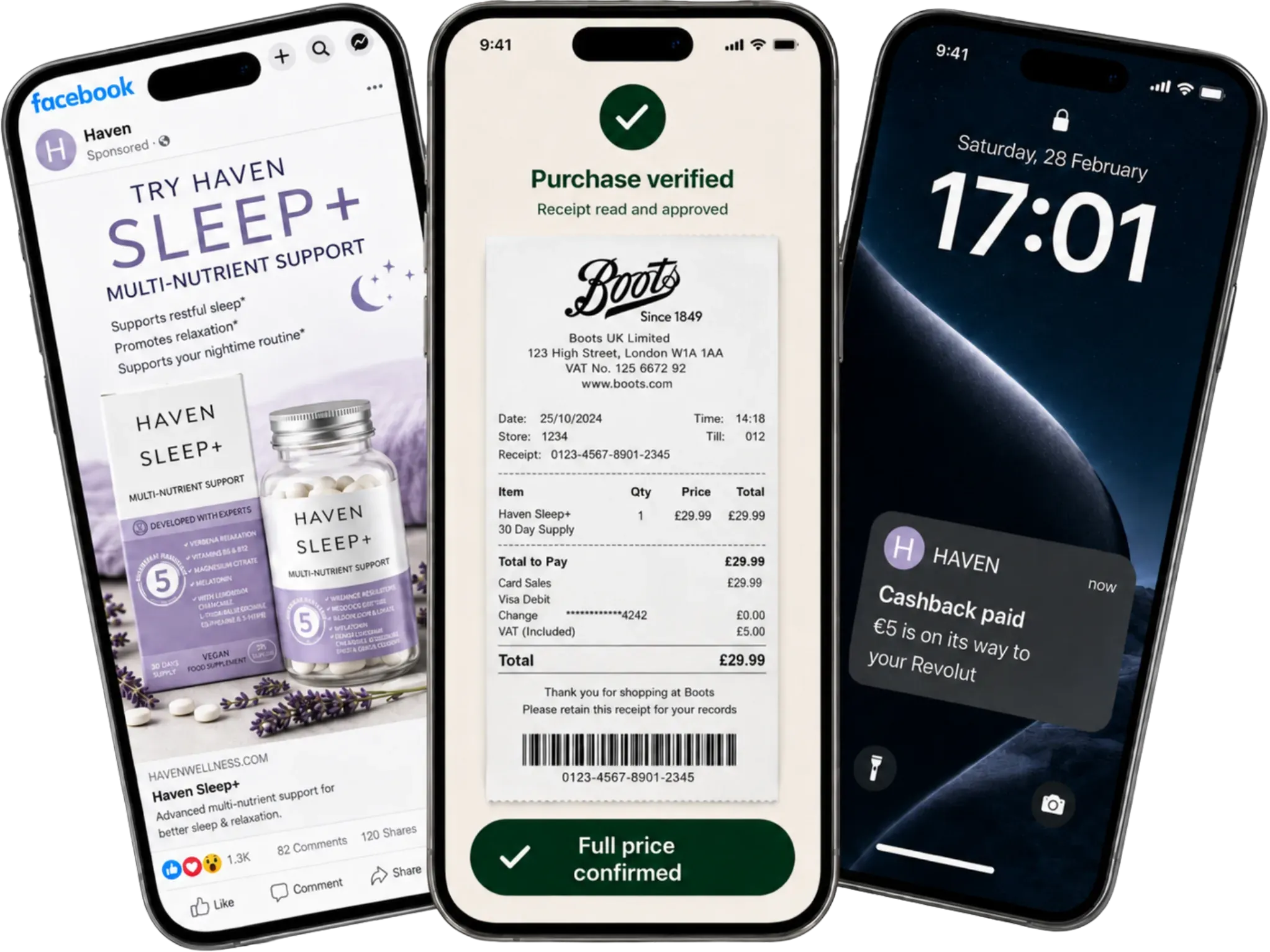Three phone screens showing step one: a shopper sees the cashback offer, buys the supplement in store, and uploads the receipt to claim.