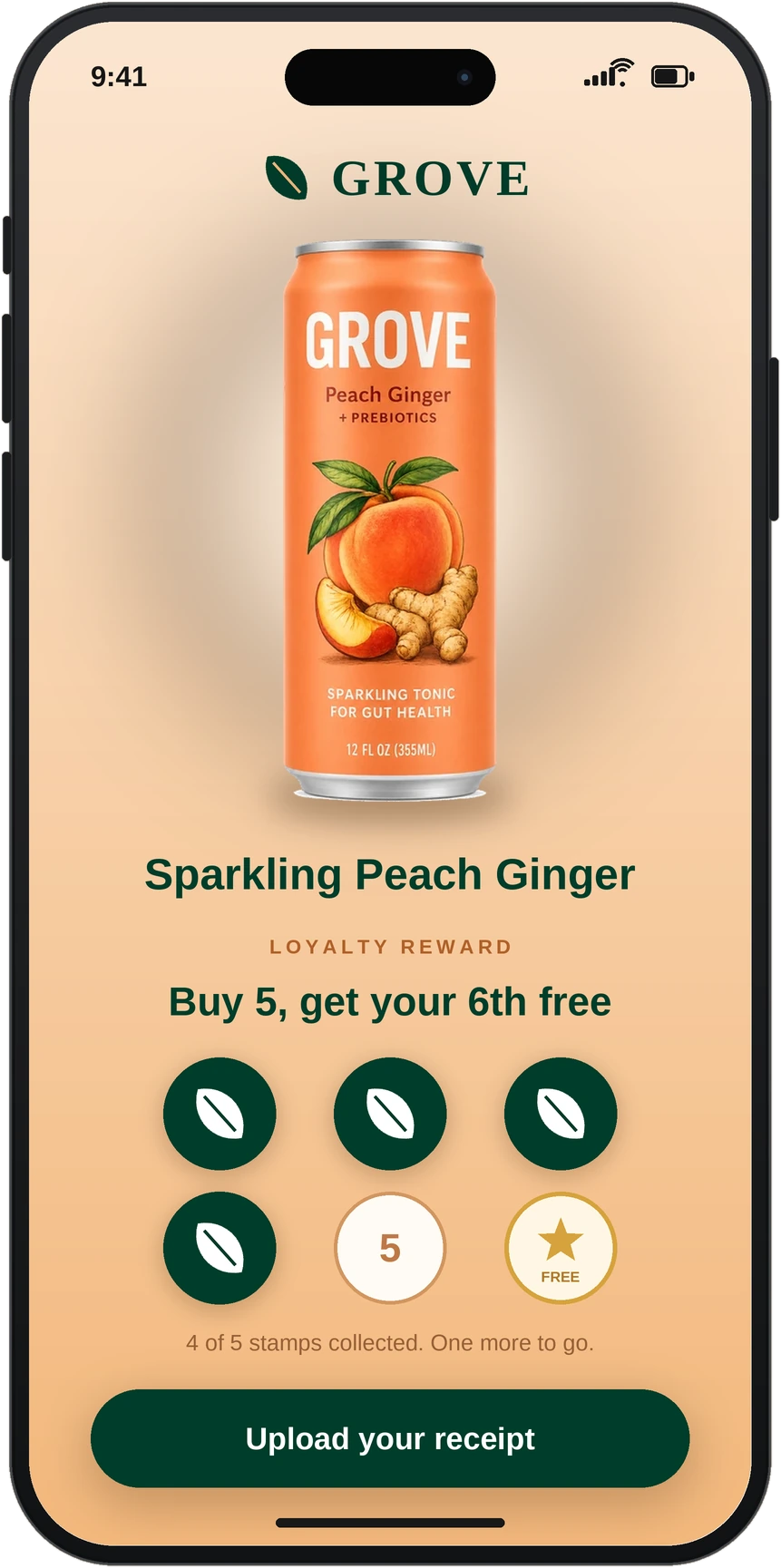 GROVE Sparkling Peach Ginger loyalty card: buy 5, get your 6th free, with an Upload your receipt button.
