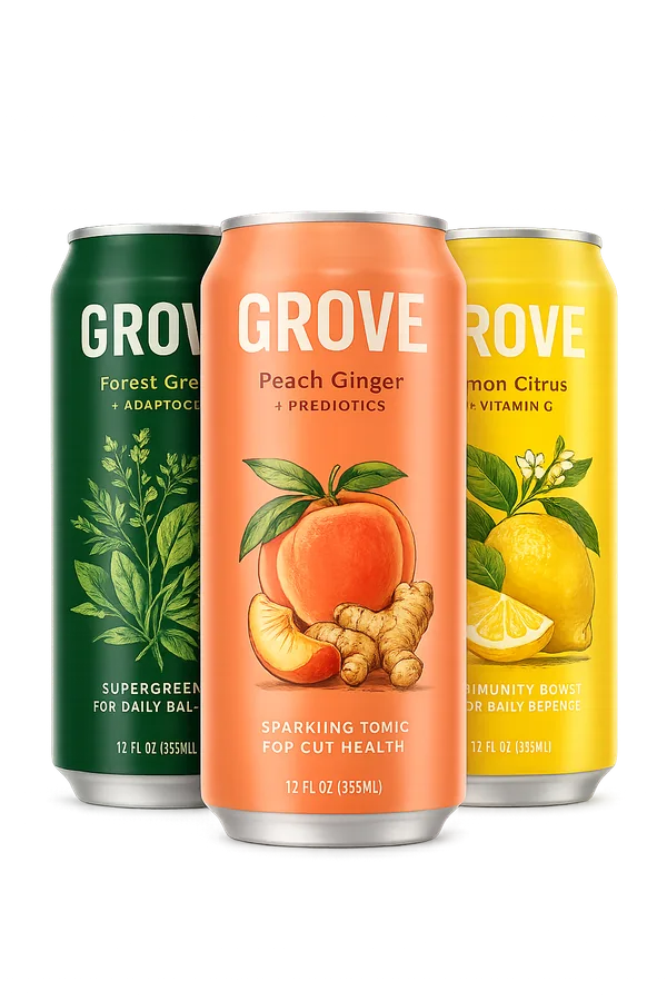 The GROVE three-can range: Forest Greens, Peach Ginger and Lemon Citrus.