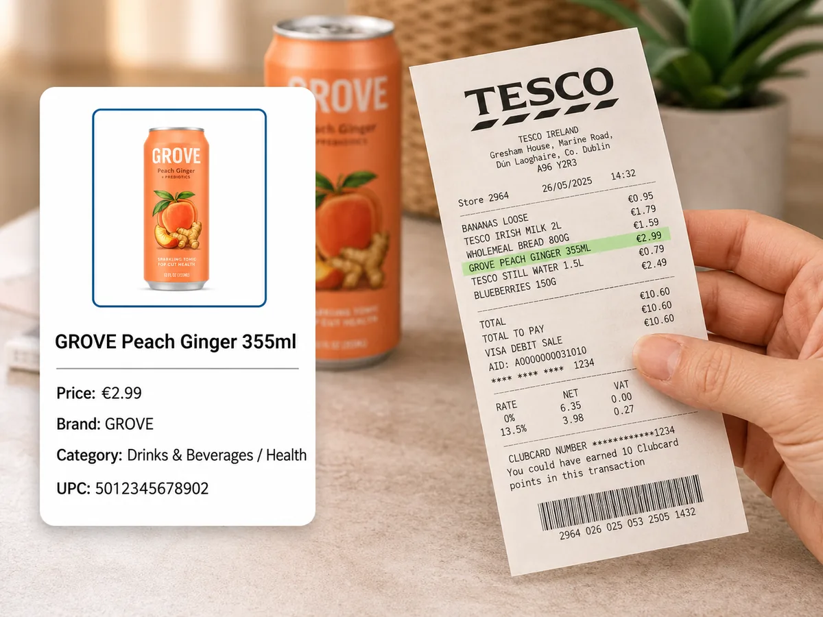 A Tesco receipt with the GROVE Peach Ginger line item highlighted and matched to the product.
