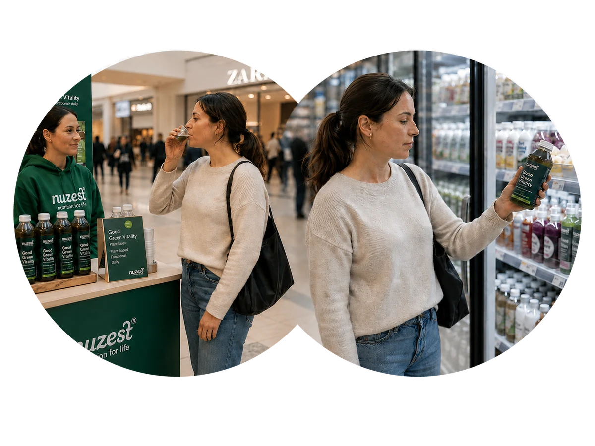 A shopper tasting a Good Green Vitality sample at a Nuzest sampling stand in a shopping centre, then choosing the same product from a chiller in store.