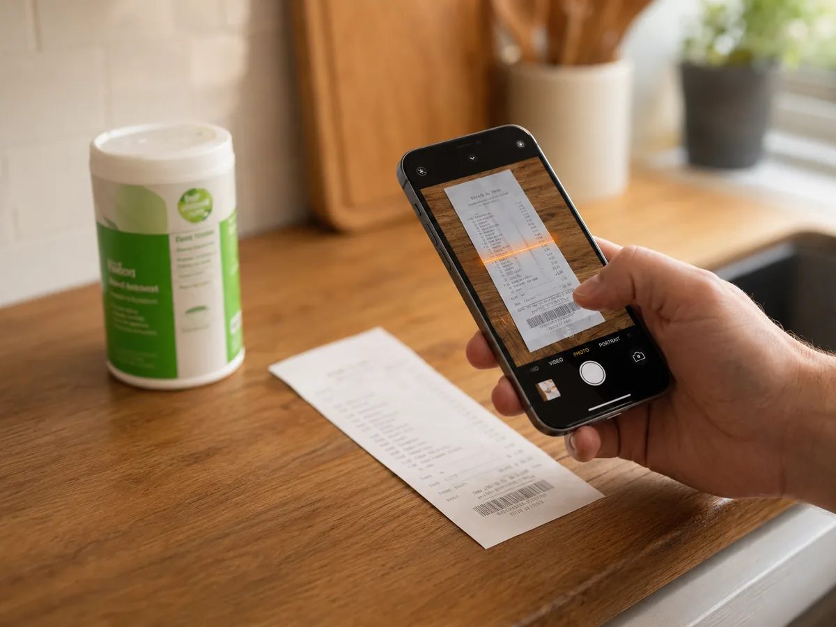 A shopper photographing a shop receipt with a phone at home, the product beside it, to claim the cashback.