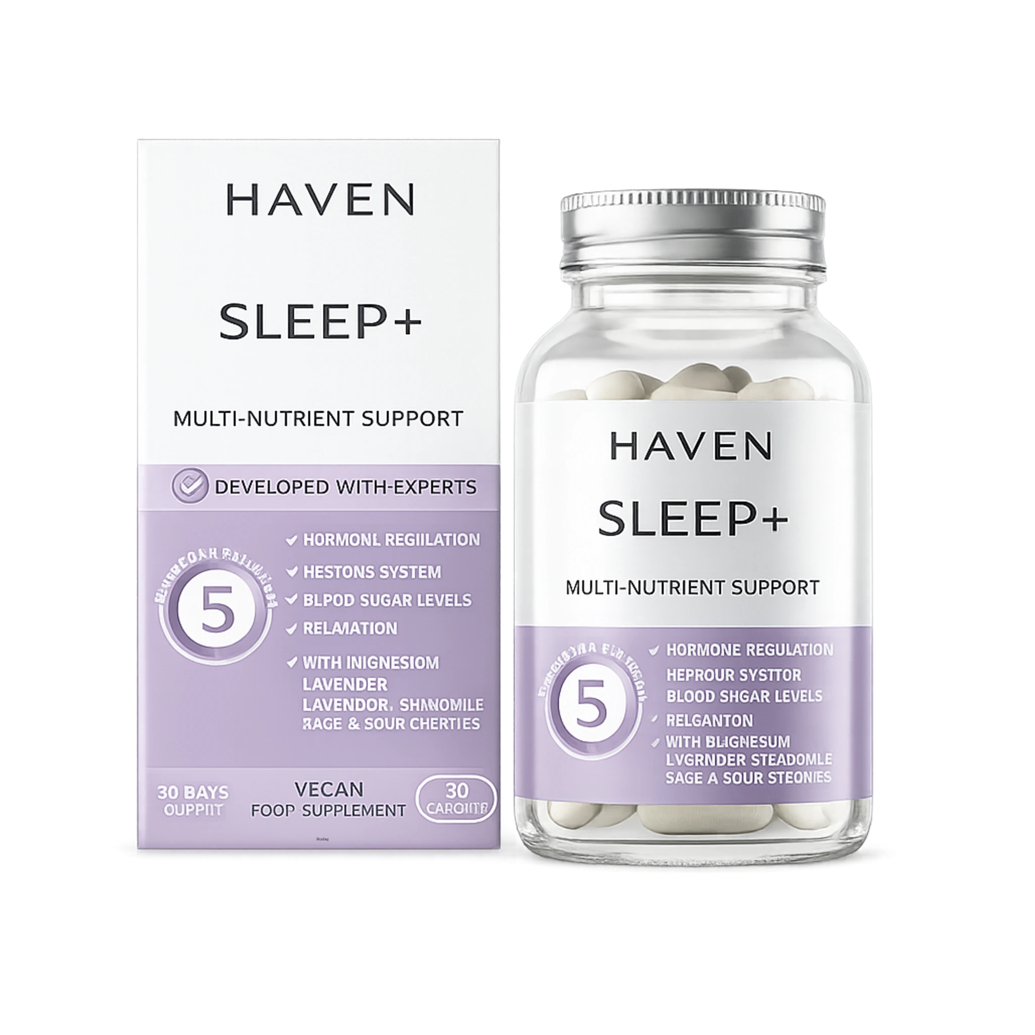HAVEN Sleep+ multi-nutrient supplement bottle and carton