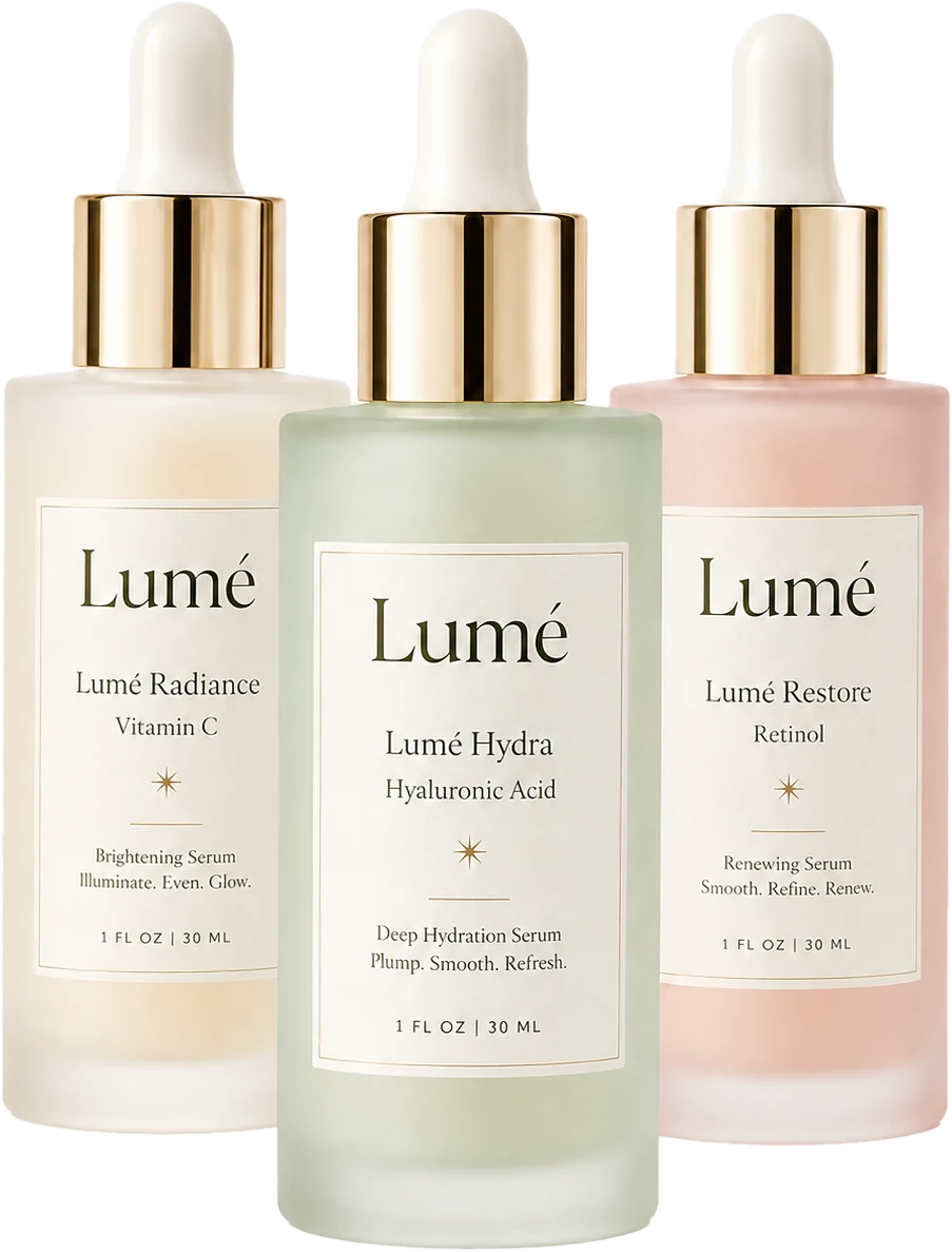 The Lume serum range: Radiance Vitamin C, Hydra Hyaluronic Acid and Restore Retinol.
